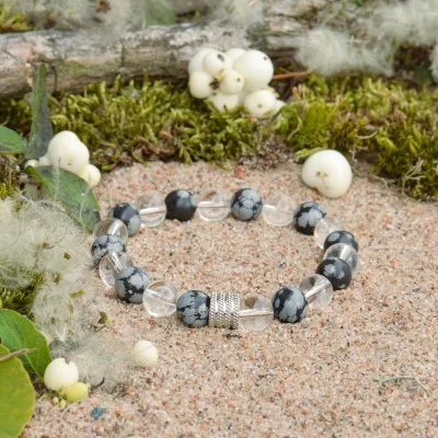 Schneeflocken-Armband aus Obsidian und klarem Quarz