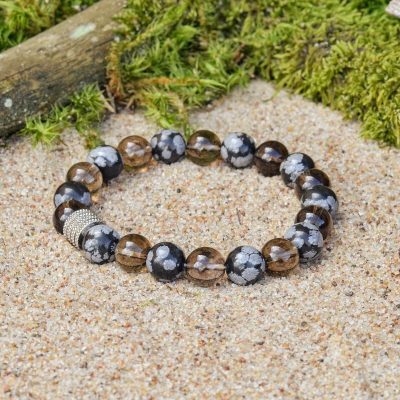 Schnee-Obsidian und Rauchquarz Armband