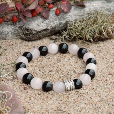 Rosenquarz-- und Schwarz-Obsidian-Armband