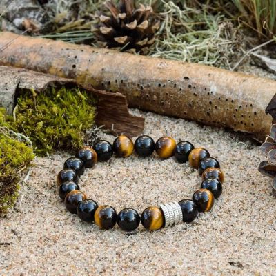 Schwarzer Obsidian-- und Tigerauge-Armband